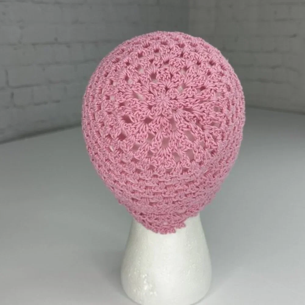 Created by Cyd Juliet‎ Pink Crochet Beanie Cotton Open Weave Scalloped Hat NEW